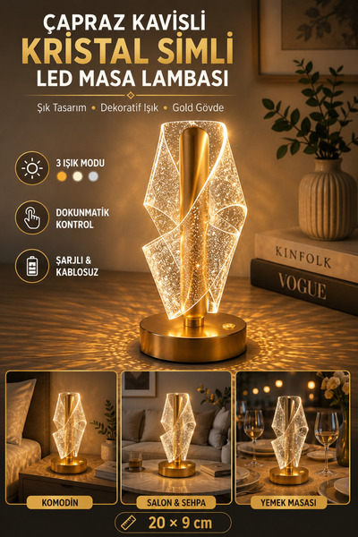 Hane Dostu Çapraz Kavisli Kristal Simli LED Masa Lambası Gold Dokunmatik 3 Iş...
