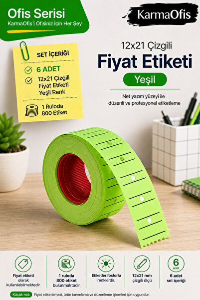 KarmaOfis 12X21 Lined Price Tag Highlighter Green Label Roll 6 Pieces