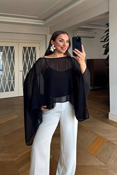 LOKADI Women's Black Chiffon Cape Bat Sleeve Two-Piece Stylish Evening Dress ...