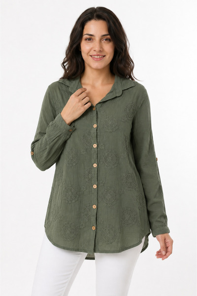 EtkiModa 100% Organic Cotton Women's Long Sleeve Shirt with Embroidery Detail...