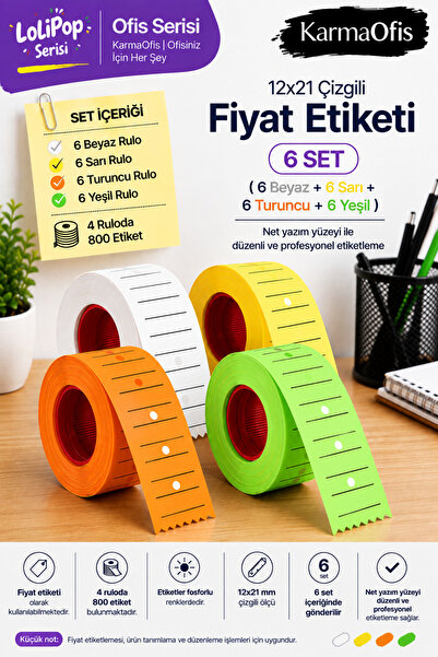 KarmaOfis 12X21 Striped Price Tag Highlighter Multi-Color Label Roll 24 Pieces
