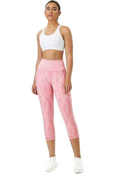Rexspek Colanți sport roz 3/4 pentru femei, cu buzunare laterale, talie înaltă, pantaloni elastici de fitness pentru yoga și alergare