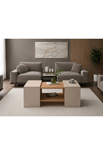yılbay design 3'lü Zigon Sehpa Takımı, Atlantik Çam & Kum Bej, Modern Orta Se...