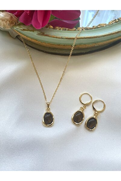 Asia by Leuvoié Asia by Leuvoie Brown Oval Gold Necklace and Earring Set