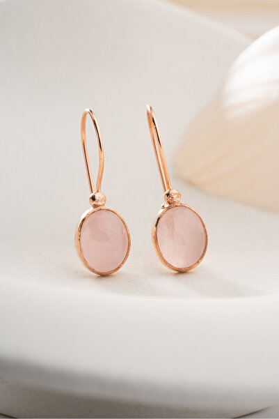 Silvano Jewelry 925 Ayar Gümüş Rose Kaplama Doğal Pembe Taşlı Küpe