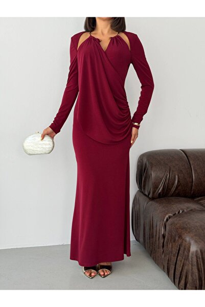 LOKADI Women's Collar Accessory Detailed Draped Look Long Sleeve Maxi Evening...