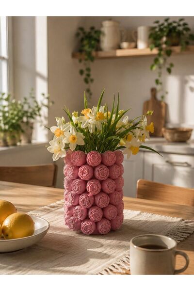 jujü Pembe Çiçek Detaylı Dekoratif Vazo, Çiçek Kabartmalı vazo, Pembe Gül Dok...