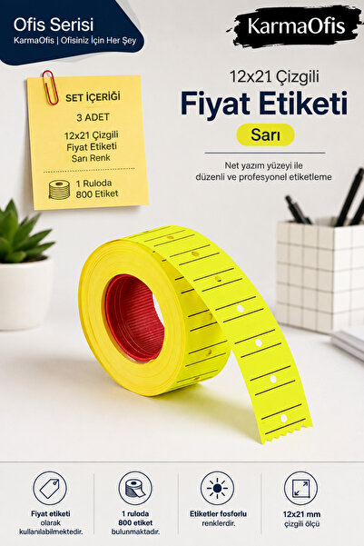 KarmaOfis 12X21 Striped Price Tag Highlighter Yellow Label Roll 3 Pieces