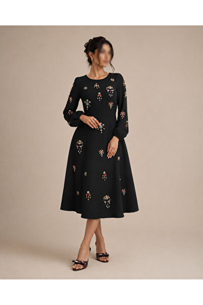 Roz Jewel-Embellished A-Line Midi Dress with Long Sleeves