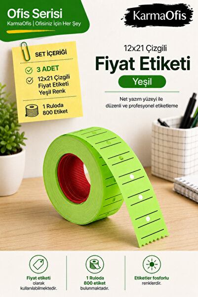 KarmaOfis 12X21 Lined Price Tag Highlighter Green Label Roll 3 Pieces
