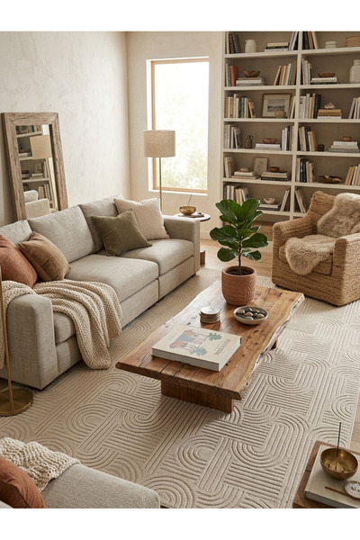 Talvora Home Modern Bohem Kaymaz Taban Halı Krem Jel Taban Dekoratif Salon Ko...