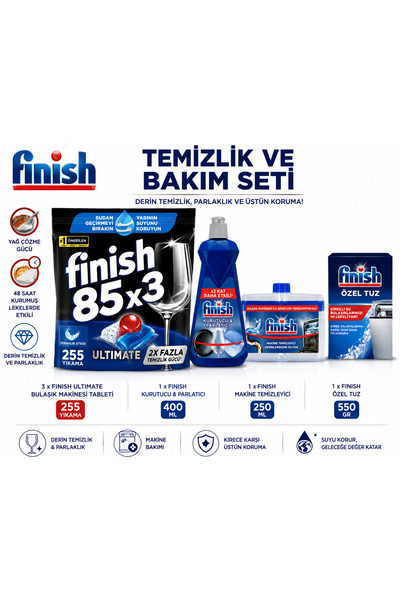 Finish Ultimate 85x3 255 yıkama Bulaşık Makinesi Tableti + Temizlik ve Bakım Seti