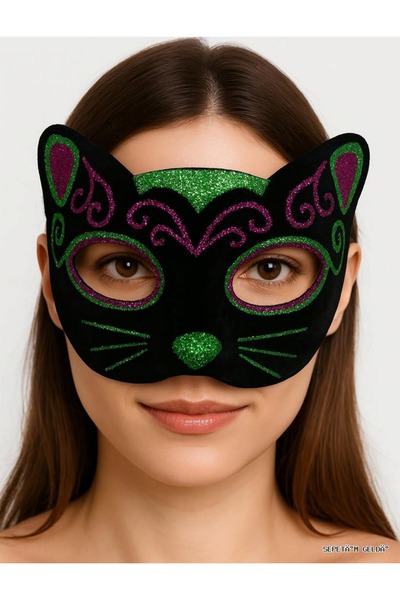 ZERO LAND Spt-Gld Black Velvet Covered Mask with Pink Green Glitter Embroider...