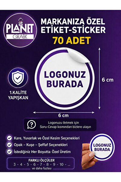Planet Grafik Logo Sticker 6 CM (Kişiye Özel) 70 Adet Yapışkanlı Etiket