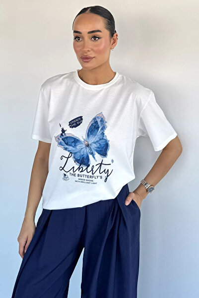 GÜLSELİ White Women's Butterfly Printed T-Shirt