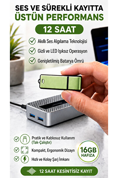 AteşTech Sensörlü 16GB USB Dijital Ses Kaydedici – Mini Taşınabilir Ses Kayde...