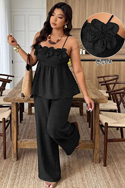 GÜLSELİ Black Women's Adjustable Strap Blouse with Rose Figure and Elastic Wa...