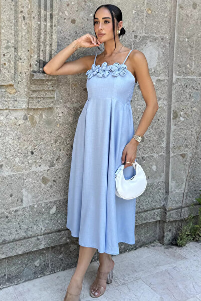 GÜLSELİ Blue Women's Dress with Adjustable Straps and Rose Figure