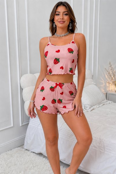 Real Passion Lingerie طقم بيجامة نسائي محبوك بنقشة الفراولة الوردية مع شورت بحمالات
