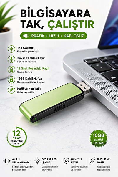 AteşTech Sensörlü 16GB USB Dijital Ses Kaydedici – Taşınabilir Mini Ses Kaydedici - 16 Saat Kullanım