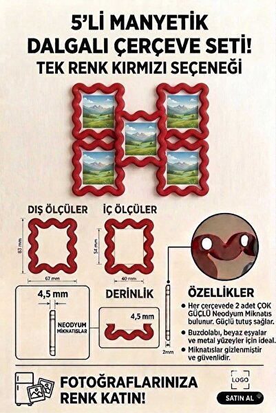 Genel Markalar Fotoğraf Çerçevesi (5 adet) Mıknatıslı Kıvrımlı (Kırmızı)