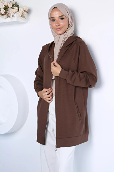 GÜLSELİ Jachetă maro cu glugă, design modern, stil hijab