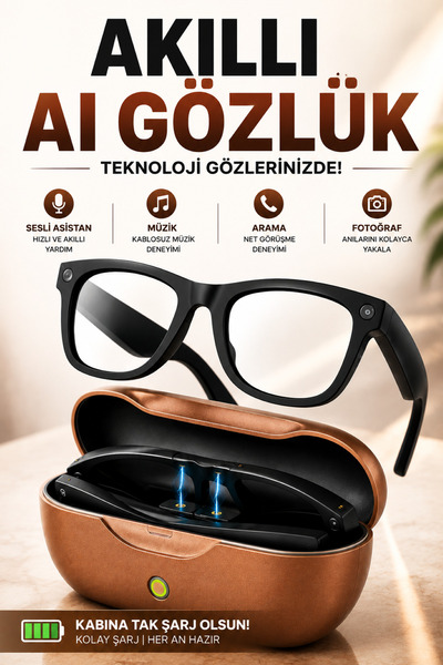 RAYLAX Kameralı Yapay Zeka Akıllı AI Gözlük Bluetooth Sesli Asistanlı Kameralı Müzik ve Arama Özellikli Şarj Kutulu