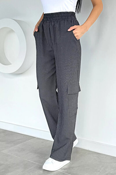 GÜLSELİ Black Women's Elastic Waist Striped Patterned Cargo Pocket Trousers