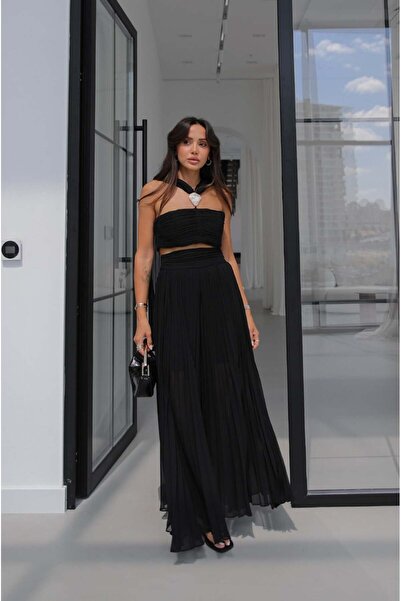 Havoş Black Pleated Crop Pants Set with Accessories