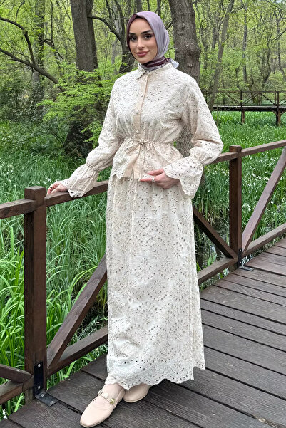 GÜLSELİ Beige Women's Scalloped Waist Tunic Skirt Hijab Double Set