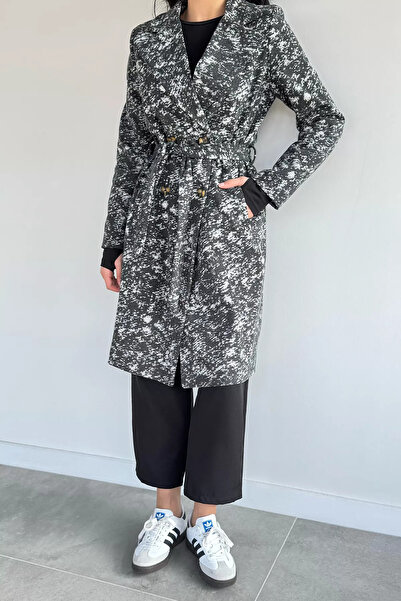 TOZLU Black Women's Double Pocket Patterned Cashmere Coat with Inner Lining