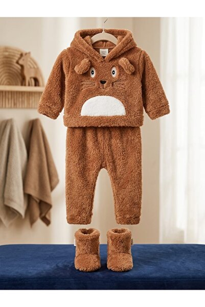 Kulak detaylı Yumuşak Peluş Kapüşonlu Bebek Takımı + Patik Kombini