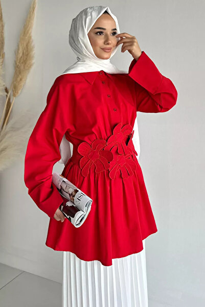 GÜLSELİ Red Shirt Collar Daisy Applique Hijab Tunic with Elastic Waist