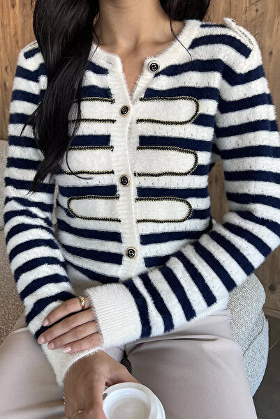 GÜLSELİ Navy Blue Striped Soft Knitwear Cardigan (Available in S, M, L)