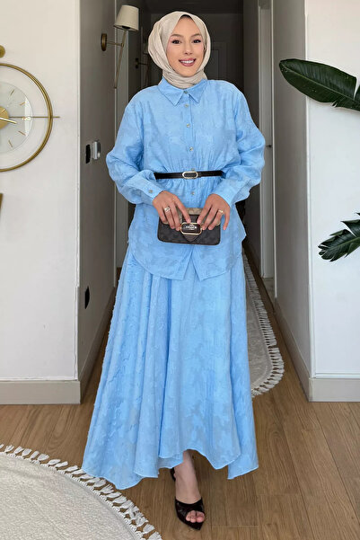 GÜLSELİ Blue Shirt Skirt Hijab Double Set (Shirt Without Lining, Skirt with L...