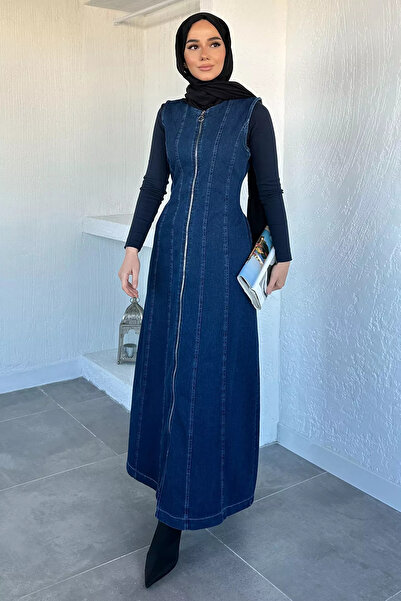 GÜLSELİ Navy Blue Zippered Denim Hijab Dress