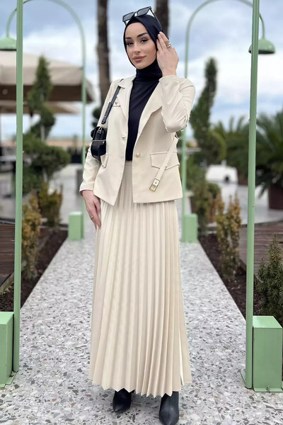 GÜLSELİ Beige Women's Belt Accessory Blazer Jacket Skirt Hijab Double Set