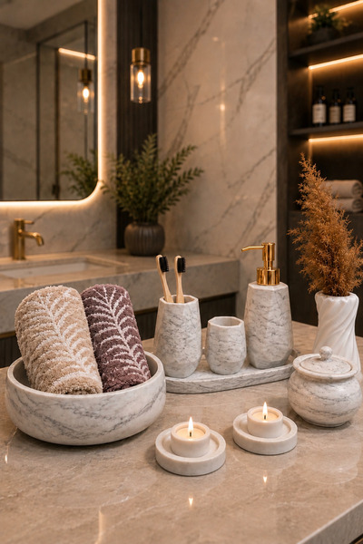 lufen deco Marble Patterned 9-Piece Bathroom Wc Set Liquid Soap Dispenser Toothbrush Holder Towel Holder Candlestick Candle Holder Decorative Vase
