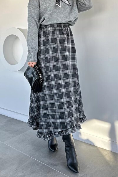 GÜLSELİ Fusta cu model în carouri, gri închis, cu talie elastică, stil hijab