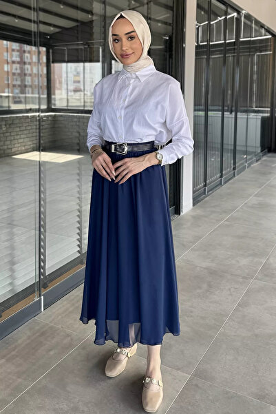GÜLSELİ Fusta din șifon hijab cu centură bleumarin