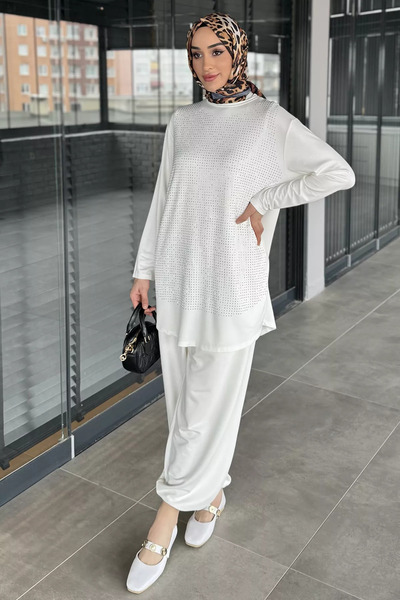 GÜLSELİ White Stone Embroidered Crew Neck Tunic Trousers Hijab Double Set