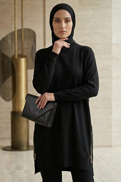 GÜLSELİ Black Side Zipper Hijab Knitwear Tunic