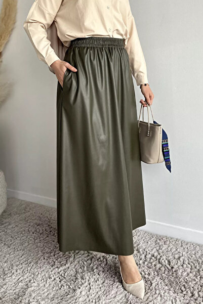 GÜLSELİ Fusta din piele kaki cu talie elastică și buzunare, stil hijab