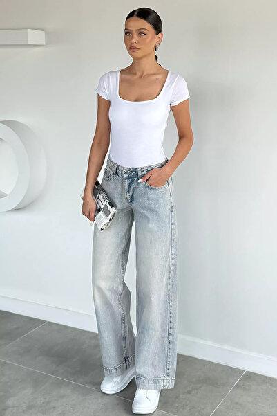 GÜLSELİ Ice Blue Women's Casual Style Wide Leg Jean Denim Trousers