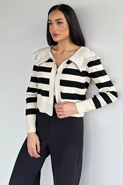 GÜLSELİ Cream Collar Detailed Striped Knitwear Cardigan (Available in S, M, L)