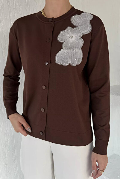 GÜLSELİ Brown Women's Tulle Embroidered Knitwear Cardigan (Available in S-M-L...