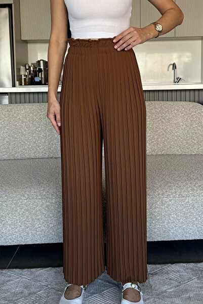 GÜLSELİ Brown Women's Pleated Loose-Fit Trousers with Elastic Waist (S, M, L ...