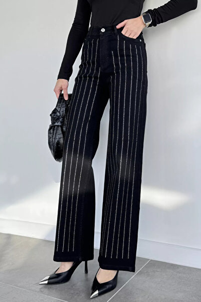 GÜLSELİ Black High Waist Stone Detailed Palazzo Slim Fit Jeans