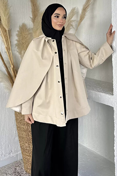 GÜLSELİ Jachetă bej cu capse în față și glugă, stil hijab