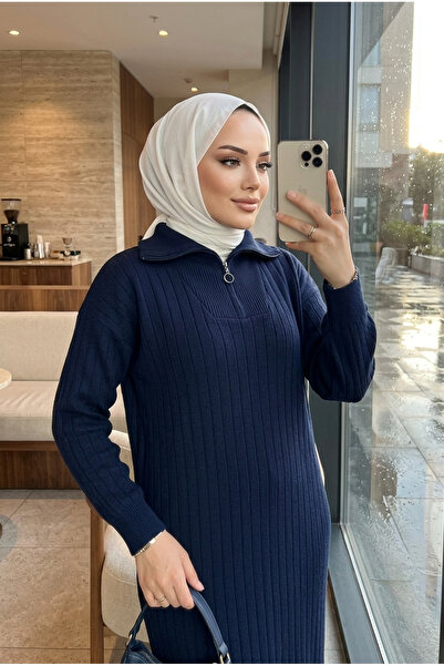 Kirazca Butik Ribbed Knit Zipper Collar Hijab Knitwear Dress